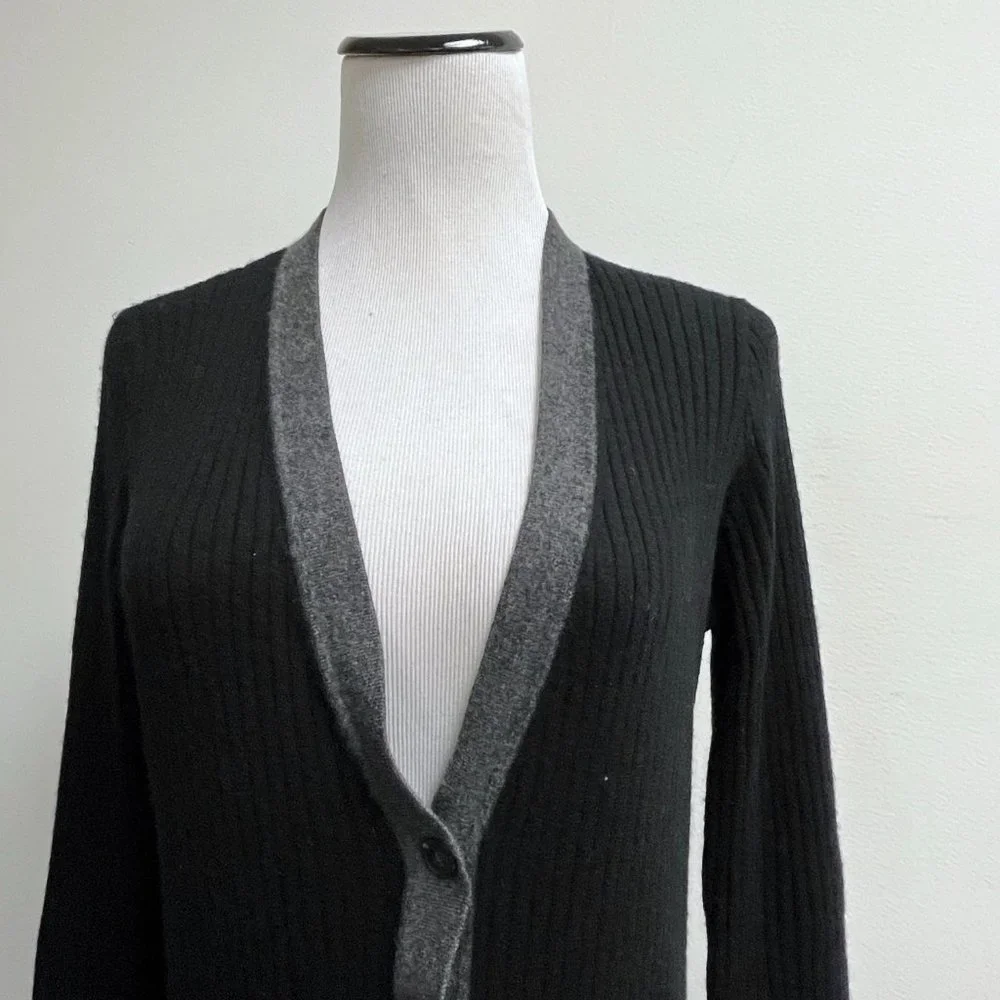 Vince black gray ribbed cashmere cardigan sweater long v neck with pockets M